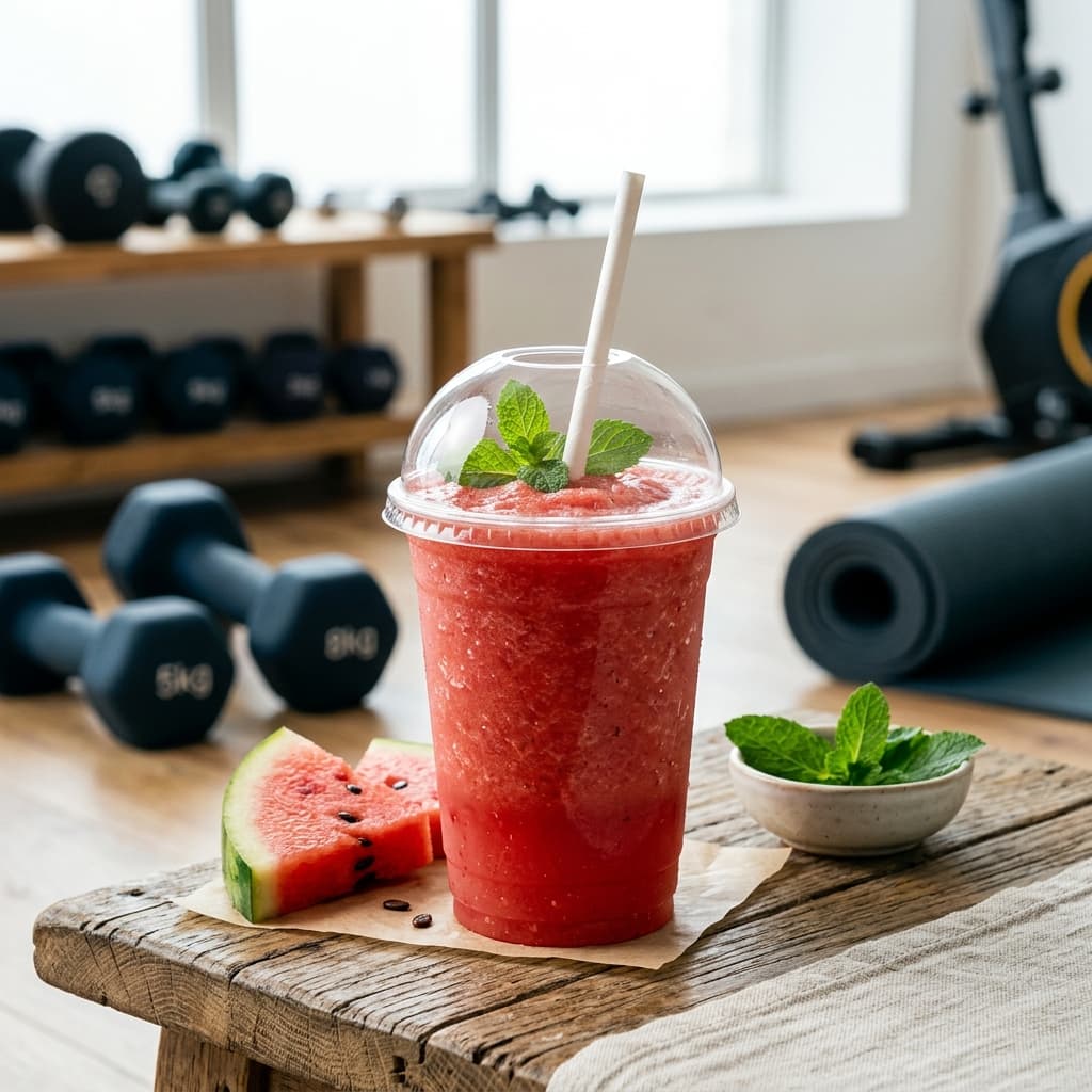 Frutopia gym shake with fresh fruit, workout dumbbells in soft focus