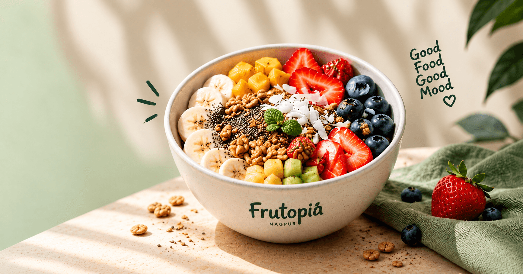 Spotless clean white ceramic fruit bowl filled generously with fresh sliced bananas, diced mango, strawberries, blueberries, kiwi, chia seeds and roasted granola on clean cream wooden table, with the Frutopía NAGPUR brand printed on the bowl
